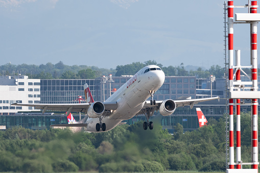Zurich, Switzerland, May 20, 2022 Swiss International Airlines Airbus A321-111 aircraft is taking off from runway 32