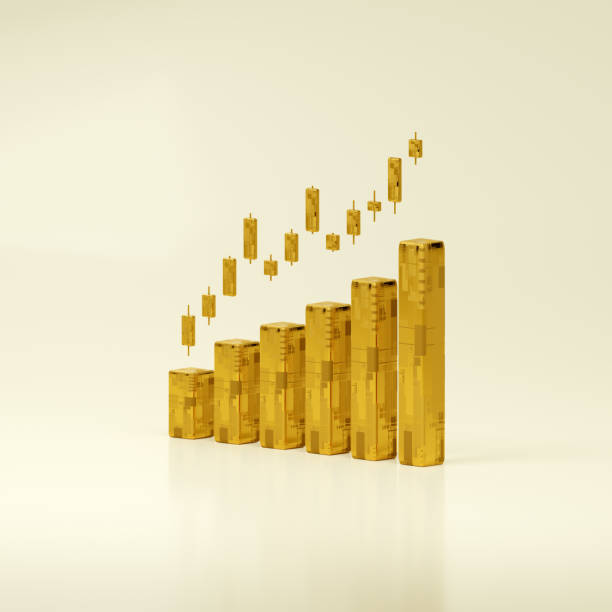 istock Growing digital golden business bars graph and Candlestick chart graphs with a light yellow background. Gold market growth and Investment. Stock market trading, Exchange, Financial. 3d rendering. 1406542448