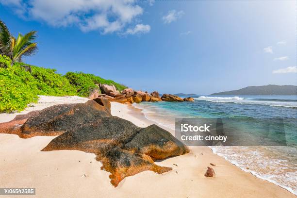 Tropical Beach Anse Fourmis With Typical Granite Rock Formations On La Digue Island Granitic Seychelles Archipelago Country In The Indian Ocean Stock Photo - Download Image Now