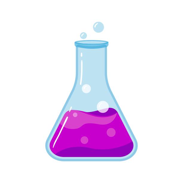 illustrazioni stock, clip art, cartoni animati e icone di tendenza di pallone di vetro da laboratorio con liquido chimico viola, oggetto scientifico illustrazione vettoriale icona isolato - beaker flask laboratory glassware research