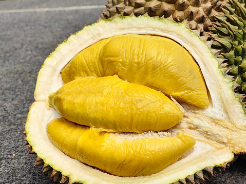 Mouth watering fresh durian fruit season.