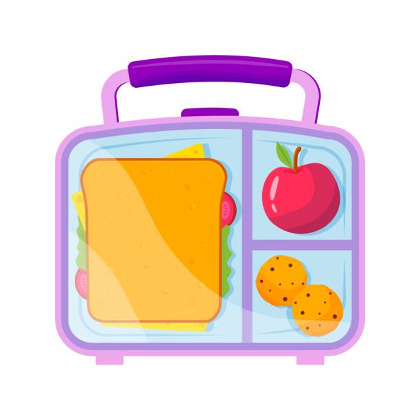 illustrations, cliparts, dessins animés et icônes de boîte à lunch avec déjeuner scolaire, pomme, sandwich et cuisines. healthy food for kids and students illustration vectorielle plate sur fond blanc. - lunch box