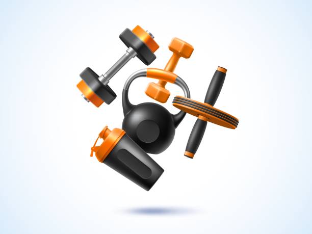 illustrations, cliparts, dessins animés et icônes de composition de fitness réaliste. objets de sport 3d, éléments volants, outils de gymnastique d’entraînement, shaker, kettlebell et haltère, accessoires de gymnastique, équipement de yoga d’entraînement, concept isolé de vecteur absolu - gym