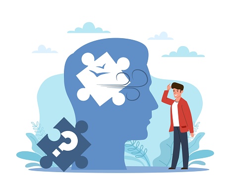 Problem memory loss. Clouding of the mind, amnesia or dementia problems, puzzle piece in man head, lose jigsaw part of brain, fogginess patient, mental heath vector cartoon flat style isolated concept