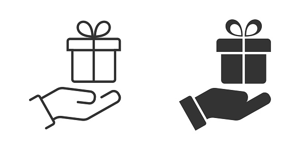 Hand and gift icon. Gift box on a palm. Vector illustration