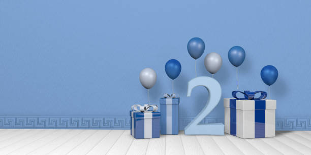istock Light blue number 2 among blue and white gift boxes adorned with balloons on white wood floor with pastel blue wall background. 3D Illustration 1406548262