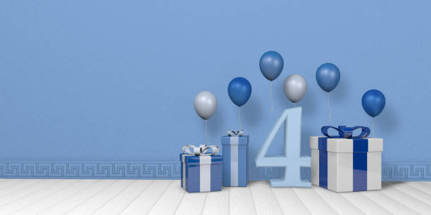 istock Light blue number 4 among blue and white gift boxes adorned with balloons on white wood floor with pastel blue wall background. 3D Illustration 1406548263