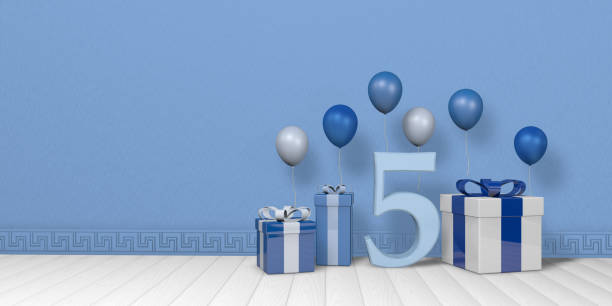 istock Light blue number 5 among blue and white gift boxes adorned with balloons on white wood floor with pastel blue wall background. 3D Illustration 1406548264