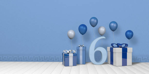 istock Light blue number 6 among blue and white gift boxes adorned with balloons on white wood floor with pastel blue wall background. 3D Illustration 1406548281