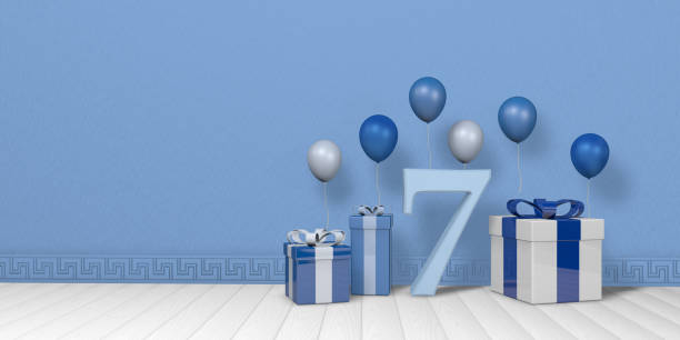 istock Light blue number 7 among blue and white gift boxes adorned with balloons on white wood floor with pastel blue wall background. 3D Illustration 1406548282
