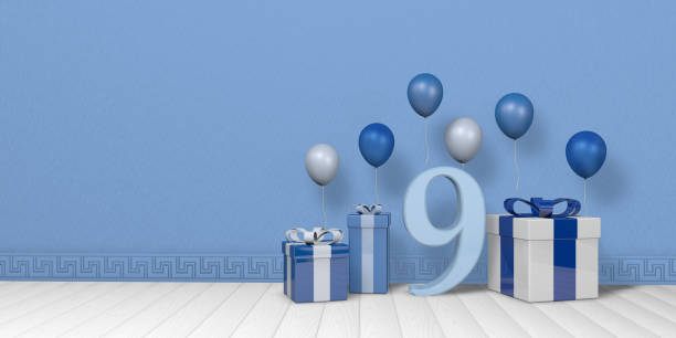 istock Light blue number 9 among blue and white gift boxes adorned with balloons on white wood floor with pastel blue wall background. 3D Illustration 1406548283