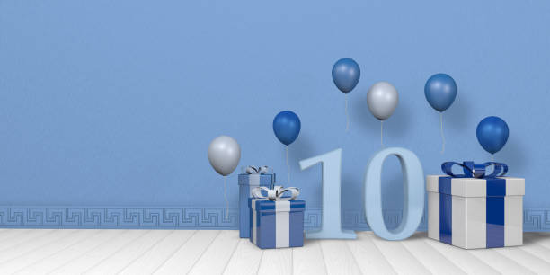 istock Light blue number 10 among blue and white gift boxes adorned with balloons on white wood floor with pastel blue wall background. 3D Illustration 1406548314