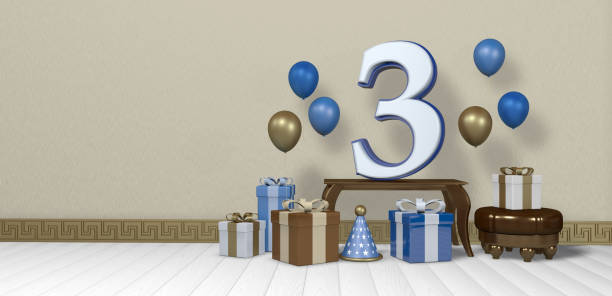 istock White number 3 with blue border on wooden table surrounded by bright gift boxes and balloons floating on wooden floor in empty room with pastel yellow wall. 3D Illustration 1406548507