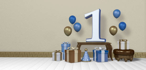 istock White number 1 with blue border on wooden table surrounded by bright gift boxes and balloons floating on wooden floor in empty room with pastel yellow wall. 3D Illustration 1406548508