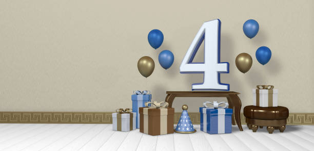 istock White number 4 with blue border on wooden table surrounded by bright gift boxes and balloons floating on wooden floor in empty room with pastel yellow wall. 3D Illustration 1406548509