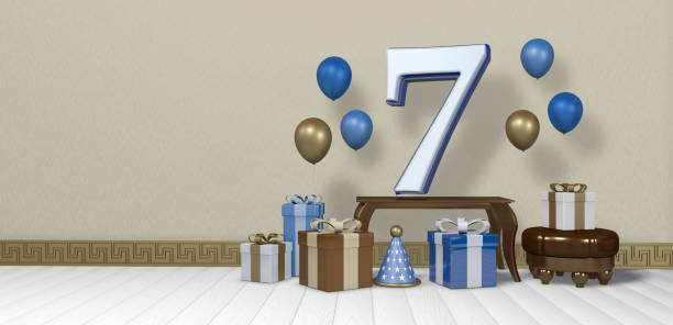 istock White number 7 with blue border on wooden table surrounded by bright gift boxes and balloons floating on wooden floor in empty room with pastel yellow wall. 3D Illustration 1406548537