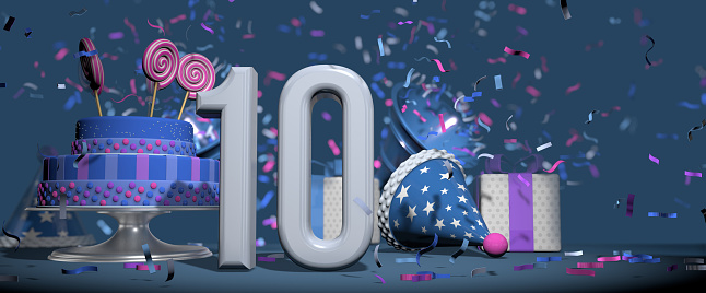 Foreground solid white number 10, birthday cake adorned with candy lollipops, gifts and party hat with bugles shooting out pink and purple confetti against dark blue background. 3D Illustration