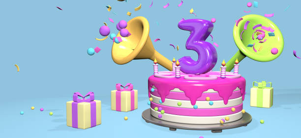 istock Pink birthday cake with thick purple number 3 surrounded by gift boxes with horns ejecting confetti on pastel blue background. 3D Illustration 1406549498