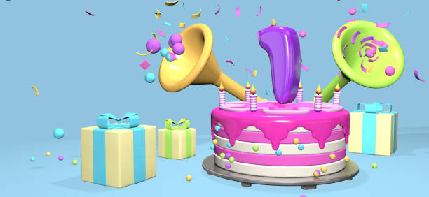 istock Pink birthday cake with thick purple number 1 surrounded by gift boxes with horns ejecting confetti on pastel blue background. 3D Illustration 1406549499