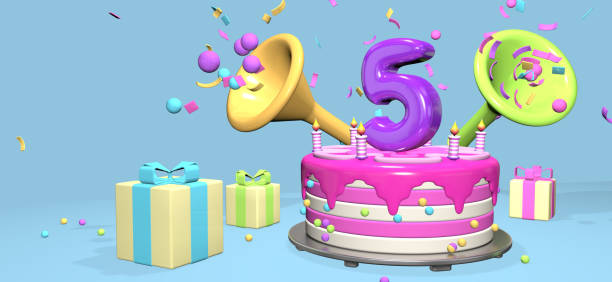 Cake with candles. Birthday. Five years. Blue background with lights.