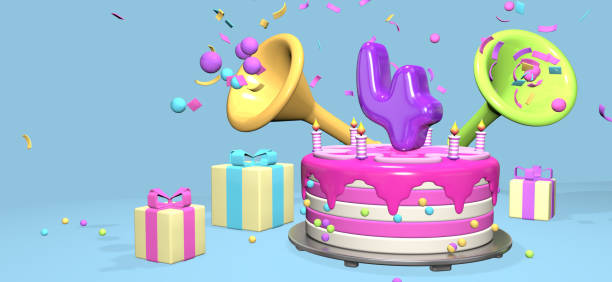 istock Pink birthday cake with thick purple number 4 surrounded by gift boxes with horns ejecting confetti on pastel blue background. 3D Illustration 1406549502
