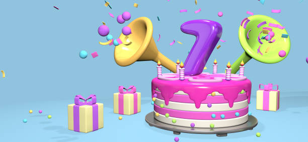 istock Pink birthday cake with thick purple number 7 surrounded by gift boxes with horns ejecting confetti on pastel blue background. 3D Illustration 1406549508