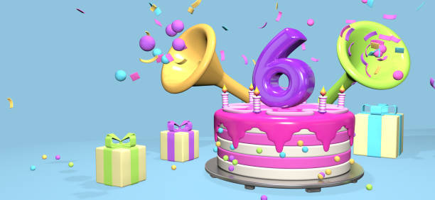 istock Pink birthday cake with thick purple number 6 surrounded by gift boxes with horns ejecting confetti on pastel blue background. 3D Illustration 1406549513