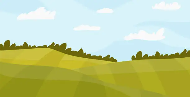 Vector illustration of Farmers field on agricultural land. Natural landscape with green fields, green forest vector illustration.