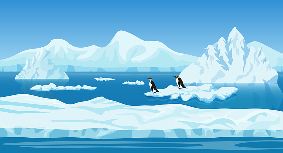 Cartoon ice arctic nature winter landscape with iceberg, snow mountains hills and penguins vector illustration
