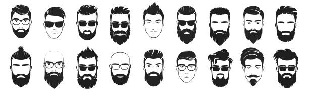 illustrations, cliparts, dessins animés et icônes de beau visage homme barbe homme emblèmes icônes. ensemble de visages d’hommes hipsters barbus vectoriels. coupes de cheveux, barbes, moustaches - mustache