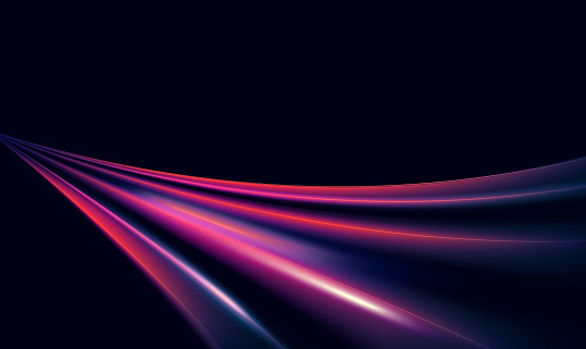 Speed motion abstract violet purple light effect at night vector illustration. Magic neon smooth glowing track lines, bright long exposure trail dynamic speed city road, movement black background