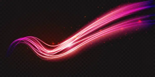 Vector illustration of Luminous pink purple neon shape wave, wavy glowing bright flowing curve lines bstract light effect