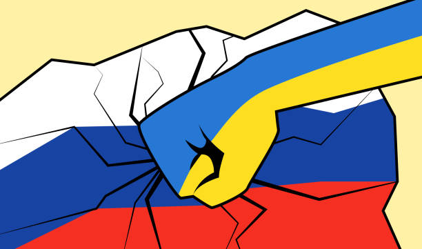 starker faustschlag in nationalen gelbblauen farben auf der russischen flagge, kampf gegen den krieg - war symbols of peace conflict army stock-grafiken, -clipart, -cartoons und -symbole