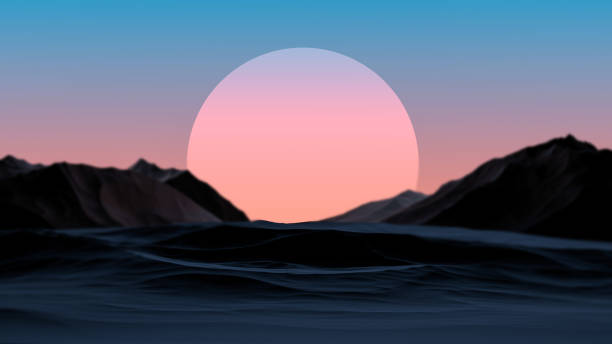 Futuristic landscape.Bright orange planet against mountains with blurry background. Abstract retro minimalism relief mountain landscape with blurred background.3D render.