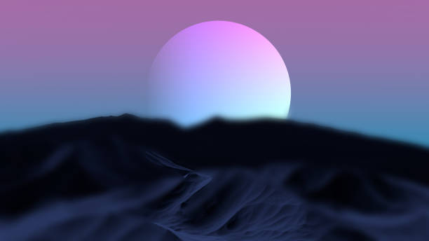 istock Bright planet against the backdrop of mountains with a blurred background. Abstract retro minimalism relief landscape of mountains against the backdrop of a pink-blue planet.3D render. 1406550997