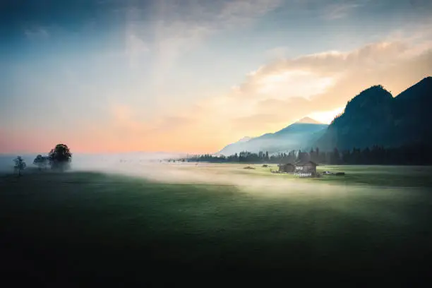 This is a photo of a beautiful foggy morning, photographed during sunrise in a German landscape near the Castle of Neuschwanstein.
