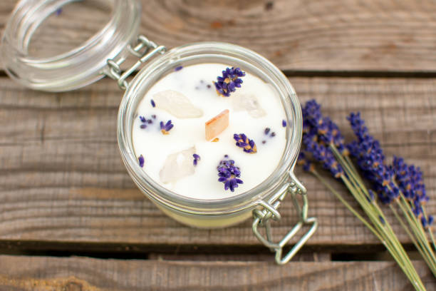 Lavender candle with rose quartz semi-precious stones