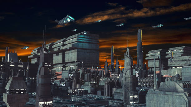 istock 3d rendering. Futuristic city and spaceships 1406556905