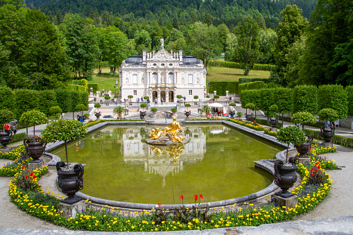 Ettal, Germany, July 27, 2021. Linderhof Palace is a royal castle located in the Graswangtal near Oberammergau and Ettal Monastery.