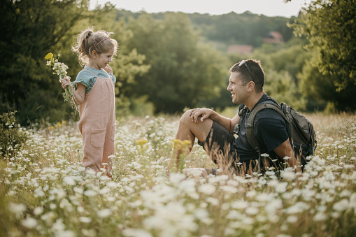 Father with his little daughter picking flowers and having fun together on a meadow in nature.