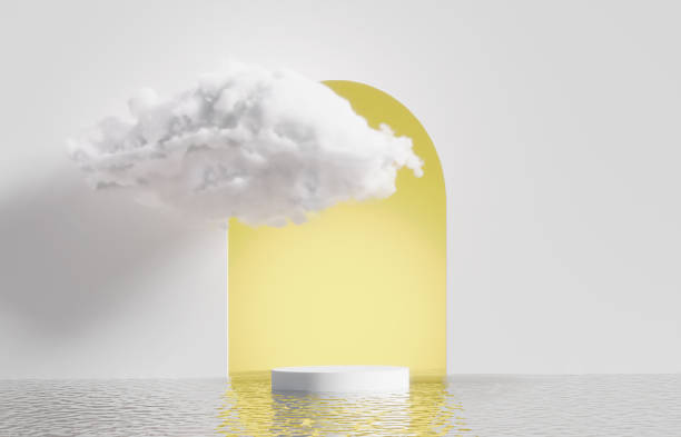 istock 3D podium yellow display on water with white cloud. Bright dreamy landscape. Nature background with Cosmetic beauty product promotion stand mock up. Step pedestal, minimal banner 3D render 1406559759