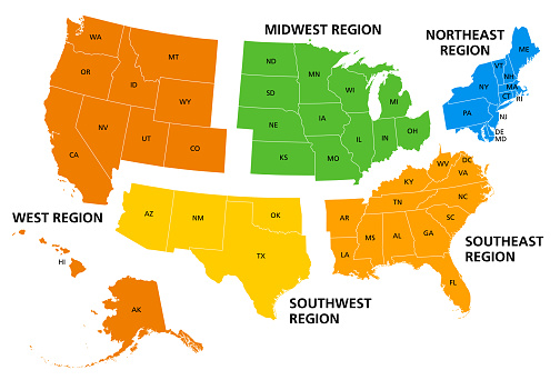 United States, geographic regions, colored political map. Five regions, according to their geographic position on the continent. Common but unofficial way of referring to regions of the United States.