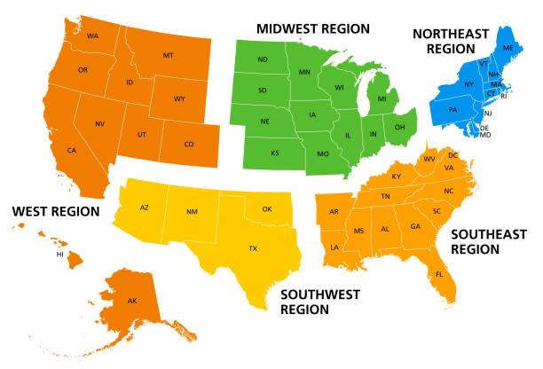 United States of America, geographic regions, colored political map United States, geographic regions, colored political map. Five regions, according to their geographic position on the continent. Common but unofficial way of referring to regions of the United States. us map stock illustrations