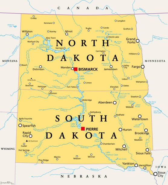 dakoty, stany usa dakota północna i dakota południowa, mapa polityczna - map dakota south dakota north stock illustrations