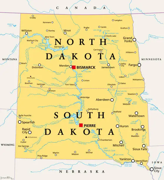 Vector illustration of The Dakotas, the US states North Dakota and South Dakota, political map