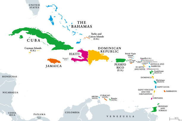 The Caribbean, subregion of the Americas, colored political map The Caribbean, colored political map. Subregion of the Americas in the Caribbean Sea with its islands and English names. The Greater Antilles and the Lesser Antilles. Isolated illustration over white. jamaica map island illustration and painting stock illustrations