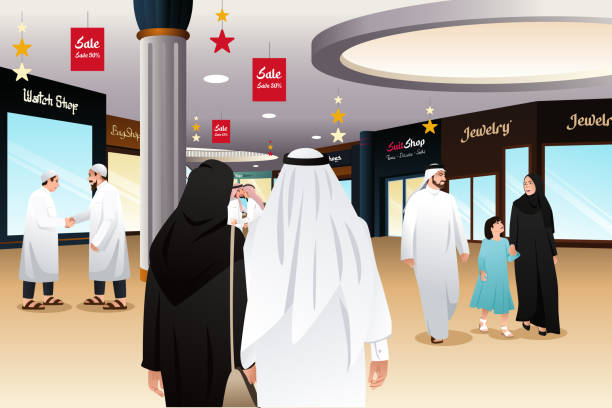 muzułmanie robiący zakupy w centrum handlowym ilustracja wektorowa - middle east illustrations stock illustrations