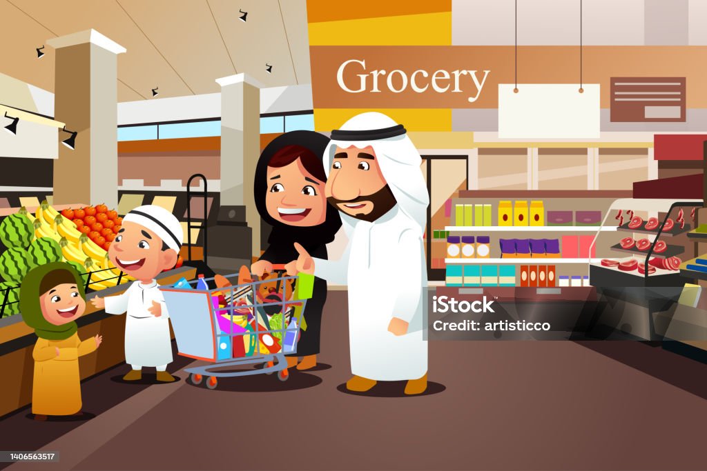 Muslim Family Shopping In Grocery Store Vector Illustration Stock  Illustration - Download Image Now - iStock