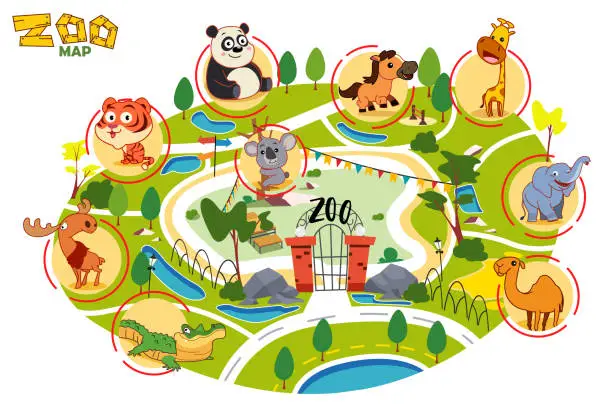 Vector illustration of Zoo Map Cute Cartoon Animals Vector Illustration