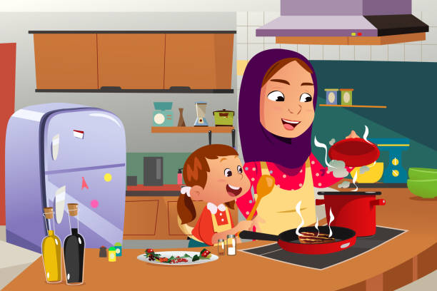 Muslim Mother and Daughter Cooking in the Kitchen Vector Illustration vector art illustration